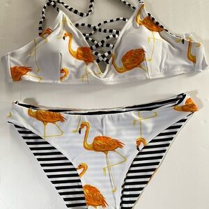 Flamingo Print Bikini with Striped Accents